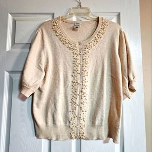 Vintage Vibe Cream w/ Pearl Beads & Buttons Cotton/Angora Cardigan Old Navy SzXL